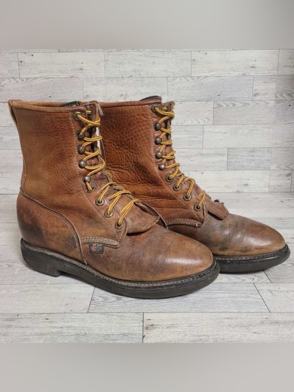 Men's Justin Western Brown Leather Lace Up Work Boots Size 7.5 D